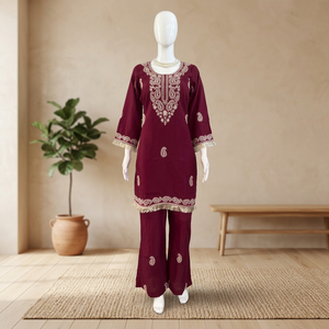 Wholesale TENNECY Slub Rayon 2 Piece Reversible Wrinkle-Free Quick Dry Suit Set Thread Work Fancy Lace Diwali Wedding Party - Product Image 1