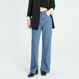 <span class=keywords><strong>Jeans</strong></span> larghi svasati pantaloni a righe Extra lunghi alla moda pantaloni <span class=keywords><strong>Jeans</strong></span> donna blu - Product Image 5