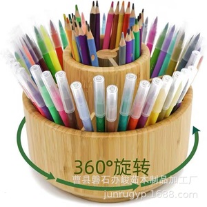 Wooden <b>Rotatable</b> Pen Holder Round Office Organizer <b>Desk</b> Storage Box For Pencils Markers Makeup Brushes - Product Image 2
