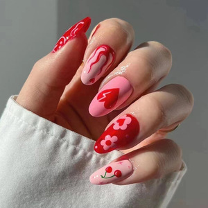 24 pièces fabricant prix de gros presse sur les ongles Logo personnalisé rouge amande amour saint valentin <span class=keywords><strong>faux</strong></span> ongles Smiley <span class=keywords><strong>flamme</strong></span> <span class=keywords><strong>faux</strong></span> ongles - Product Image 1