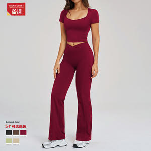 Conjunto Deportivo de Yoga Disko para Mujer, Top Corto de Cuello Cuadrado y Cintura Alta, Manga Corta, Sin Costuras, Transpirable, Elástico en Cuatro Direcciones - Product Image 1