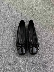 Elegant <b>Red</b> Patent Leather Flat With Bow Square Toe Slip-On Comfort Shoes All Seasons Solid Color Drop Shipping - Product Image 5