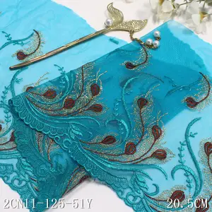 Adorno de encaje bordado de tul azul romántico de 21cm para cortina, Material de poliéster de nailon, diseño de patrón de pluma de Fénix