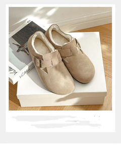 Zuecos de ante marrón con punta redonda, cierre de hebilla, forro de felpa, para invierno, sin cordones, de corcho - Product Image 2