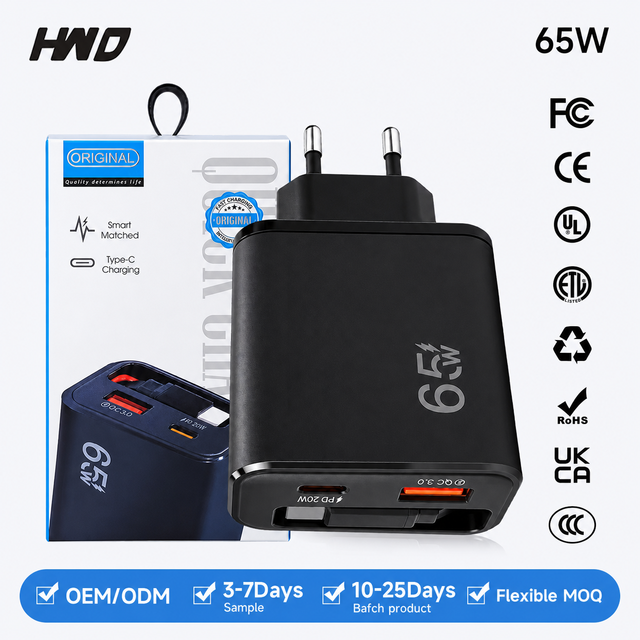 Manufacturer 65W GaN Tech PD3.0 QC Type-C Type-A Dual Port Retractable Cable EU Plug Fast Charger Adapter for Laptop Phone