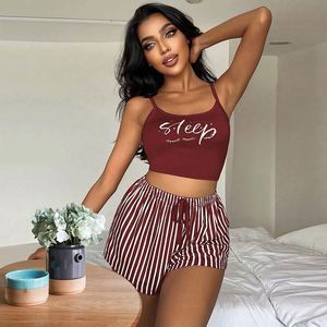 I-0555 Factory Women 2 Piece <b>Set</b> Sleepwear <b>Pajamas</b> Strap Tank Tops + Shorts Solid Chiffon Elastic Waist Soft Breathable Summer - Product Image 3