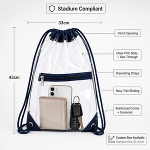 Sac à dos à cordon en PVC transparent avec logo personnalisé, approuvé pour les stades, intérieur transparent de luxe, poche latérale, portable, en gros - Product Image 2