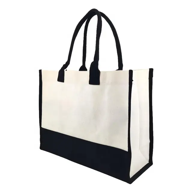 New Design Support Customized Large White And Black Canvas Bag Blank Canvas Tote Shopping Bag With Inner Pocket