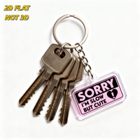 Porte-clés en acrylique rose et noir « Sorry I'm Slow but Cute » avec cœur et point d'interrogation, imprimé UV, étanche, amusant et auto-décalcomanique