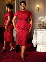Robe de Carrière Vintage Rouge pour Femme, Col Rond, Manches Courtes, Jacquard Évidé, Coupe Fourreau, Modèle AM050118