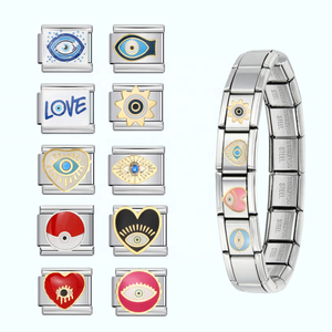 Stainless Steel Italian Charm <b>Bracelet</b> with Eye & Heart Enamel Charms <b>Stretch</b> Link Platinum Plated Unisex DIY Jewelry - Product Image 1