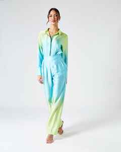 Setelan 2 potong untuk wanita, kemeja lengan panjang motif gradien + celana panjang kaki lebar kasual modis - Product Image 3