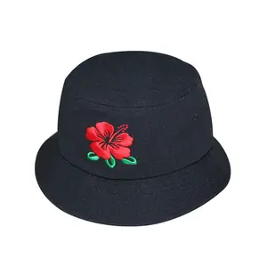 Cool Design Outdoor Summer Wide Brim Black Hats With String Unisex Men Flat Top Fashion Embroidery Flower Simple Bucket Hats