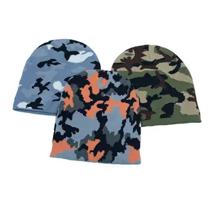 Acrílico malha gorros chapéus malha jacquard inverno chapéu crânio gorro com camuflagem logotipo personalizado