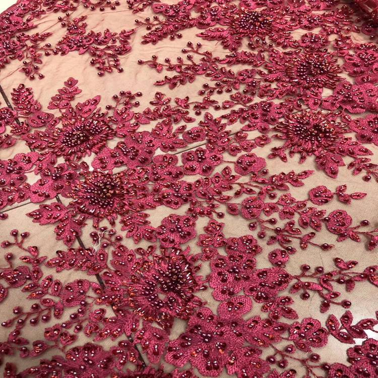 2019 gros bordeaux brodée guipure dentelle de tulle nigérian perlé dentelle tissu mariée
