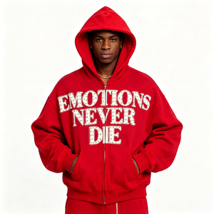 拉链连帽衫男女通用水钻“Emotions Never Die”字母印花厚重钩编冬季街头服饰夹克 ODM 定制批发 - Product Image 3