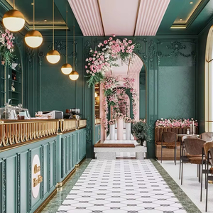 European Cafe Shop Interior Decoration | Customized Green Coffee Counter & Fashion Milk Tea Bar Showcase with LED Lighting - Product Image 2