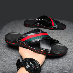 fashion designer Striped PU Slides Open Toe side <b>slippers</b> Breathable Sole Fashion Summer men's flat <b>slippers</b> men - Product Image 1