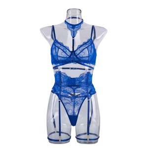 ชุดชั้นในเซ็กซี่สไตล์ยุโรปและอเมริกา ผ้าลูกไม้แต่งขอบขนตา แบบต่อผ้า คอ halter พร้อมเลกกิ้ง ชุดสองชิ้น - Product Image 5