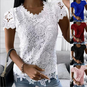 Camiseta de encaje para mujer, camiseta informal elegante, ropa de mujer, camisetas de moda de verano, ropa Vintage, ropa de calle, camisetas sólidas, Blusas - Product Image 1