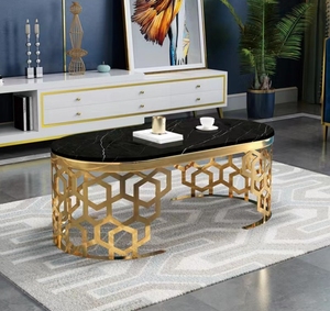 Luxo Moderno Branco Oval Centro Mesa De Café TV Stand Móveis Set Gold Stainless <span class=keywords><strong>Steel</strong></span> <span class=keywords><strong>Frame</strong></span> com Mármore Top para Sala de estar - Product Image 2