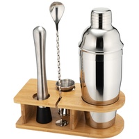Ensemble de shaker à cocktails en acier inoxydable, 4 pièces, outils de bar avec support en bois de bambou, doseur, pilon, cuillère de bar pour bar à domicile