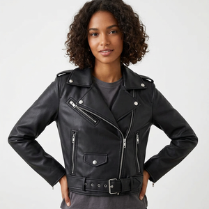Bold Womens Black <b>Real</b> <b>Leather</b> <b>Biker</b> <b>Jacket</b> Classic Notch Lapel Belted Waist Asymmetric Zip Casual Female Fashion <b>Jackets</b> - Product Image 1