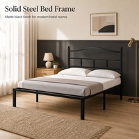 Queen-Size-Metallplattformbettgestell mit Kopfteil, matt-schwarzes Stahlbettgestell mit Lattenrost ohne Boxspring