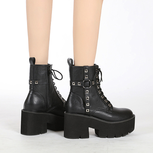 À la mode fermeture éclair bottines filles chaussures anneau croix boucle sangle noir PU cuir gros talons chaud femmes bottes - Product Image 3