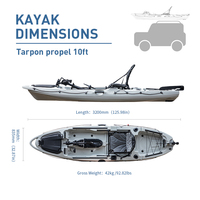 Kayak à pédales de pêche 3,2 m, à assise sur le dessus, tandem, simple, en LLDPE rotomoulé, avec siège arrière en aluminium