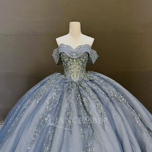 Vestido de Fiesta Largo Azul Dulce Color Caramelo para Quinceañera con Apliques de Encaje, Bordado y Cuentas LSMC75 - Product Image 4