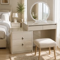Table de toilette avec miroir et tiroirs, laque brillante beige champagne, miroir à perles de cristal, 8 tiroirs