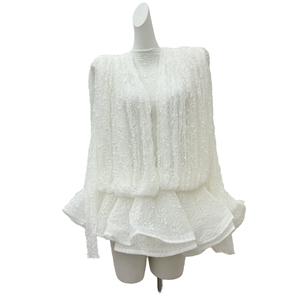 Abito Mini a Due Pezzi in Pizzo Bianco con Maniche Lunghe, Collo Alto, Traspirante, Elastico in Vita e Linea A - Product Image 1