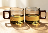 Tasse à thé en verre avec poignée en bois pour usage domestique, tasse en verre carrée résistante à la chaleur avec poignée en bois, 120 ml, tasse de dégustation de thé