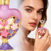 Flacon vide en verre pour huiles essentielles et parfums de voyage, en forme de cœur, avec texture givrée, motif papillon et fleur émaillés