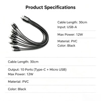 Câble répartiteur USB-A vers USB-C Type-C T-250, 10-en-1, multi-charge pour téléphones, tablettes et autres appareils