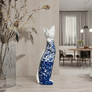 Unique Handmade Home Decor <strong>Cat</strong> <strong>Figurine</strong> Blue and White Pattern <strong>Cat</strong> Ornament Custom Resin Sculpture - Product Image 1