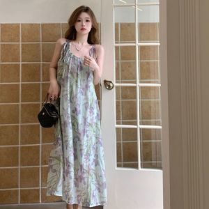 Sweet Purple Floral Print Sundress For Women Tie Neck Loose Waist Casual Long Dress Summer Style - Product Image 3