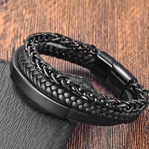 Multi-Layer Braided <b>Leather</b> Bar <b>Bracelet</b> with Non-Fading 316L Stainless Steel PVD Gun Black Wheat Chain & Magnetic Clasp for Men - Product Image 2