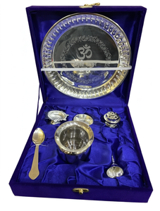 Ensemble de thali pour Pooja plaqué argent, 8 pièces, kit de plateau de prière avec boîte en velours pour la décoration du mandir à domicile - Product Image 1
