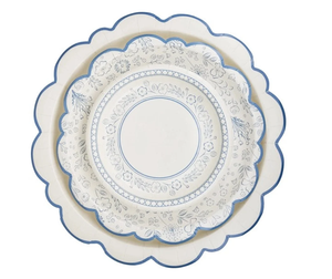 Assiettes à dessert crème bleues à bord festonné, motif pois de jardin, en céramique peinte à la main, pour salade et dessert - Product Image 3