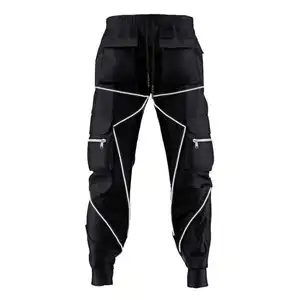 Luxury Custom Reflect Logo Multi-pocket Zipper Elastic Waist Stacked Sweatpants Men Hip Hop Harem Joggers Cargo Pants