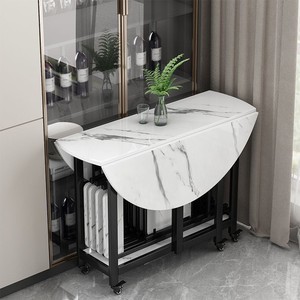 Folding Round <b>Dining</b> <b>Table</b> Marble Top Black Metal Frame With Wheels <b>For</b> <b>Small</b> Apartments Home Use - Product Image 3