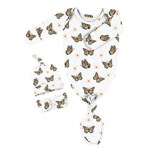 Robe de nuit nouée à imprimé floral pour nouveau-né, avec poignets mitaines et bandeau-chapeau, douce, pour 0-6 mois, tenue de sortie de maternité - Product Image 6