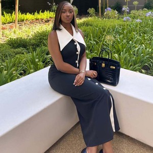 Pour <span class=keywords><strong>Amazon</strong></span> commerce extérieur <span class=keywords><strong>robe</strong></span> <span class=keywords><strong>mi</strong></span>-<span class=keywords><strong>longue</strong></span> pour grande taille femmes européennes américaines décontracté solide contraste revers simple boutonnage - Product Image 3