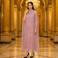 Robe Abaya à Paillettes avec Superposition en Tulle Perlé, Col Rond, Manches 3/4, Longueur Cheville, Robe de Soirée Modeste avec Doublure pour Femmes Musulmanes