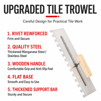 Truelle professionnelle pour carrelage en céramique avec lame dentelée, manche en bois et barre renforcée par rivets pour le pose de carreaux