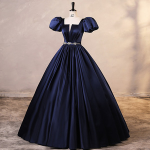 Navy Blue Puff Sleeve Ball Gown Satin Dress Square Collar Natural Waistline Women's Career Dress - Product Image 1