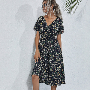 Robe d'été vintage à fleurs MOTE-ZC456, robe midi décontractée à imprimé floral pour femmes, manches courtes, col en V, robe à fleurs - Product Image 5