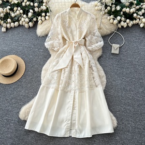 <span class=keywords><strong>Robe</strong></span> trapèze en dentelle brodée ajourée pour femme, manches longues, cintrée à la taille, amincissante, idéale pour le printemps et l'été, style navetteur - Product Image 2